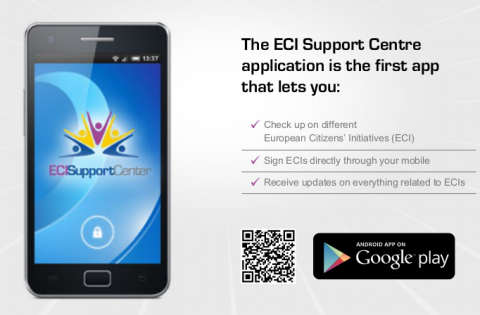 Ein Flyer des ECI Suppport Centre bewirbt die App für Smartphones