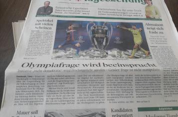mehr demokratie! auf Titelseite der Tiroler Tageszeigung "Olympiafrage wird beeinsprucht"